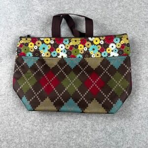 Thirty-One Thermal Lunch Picnic Tote Argyle Floral Trim Zipper Bag 14x7x4.5